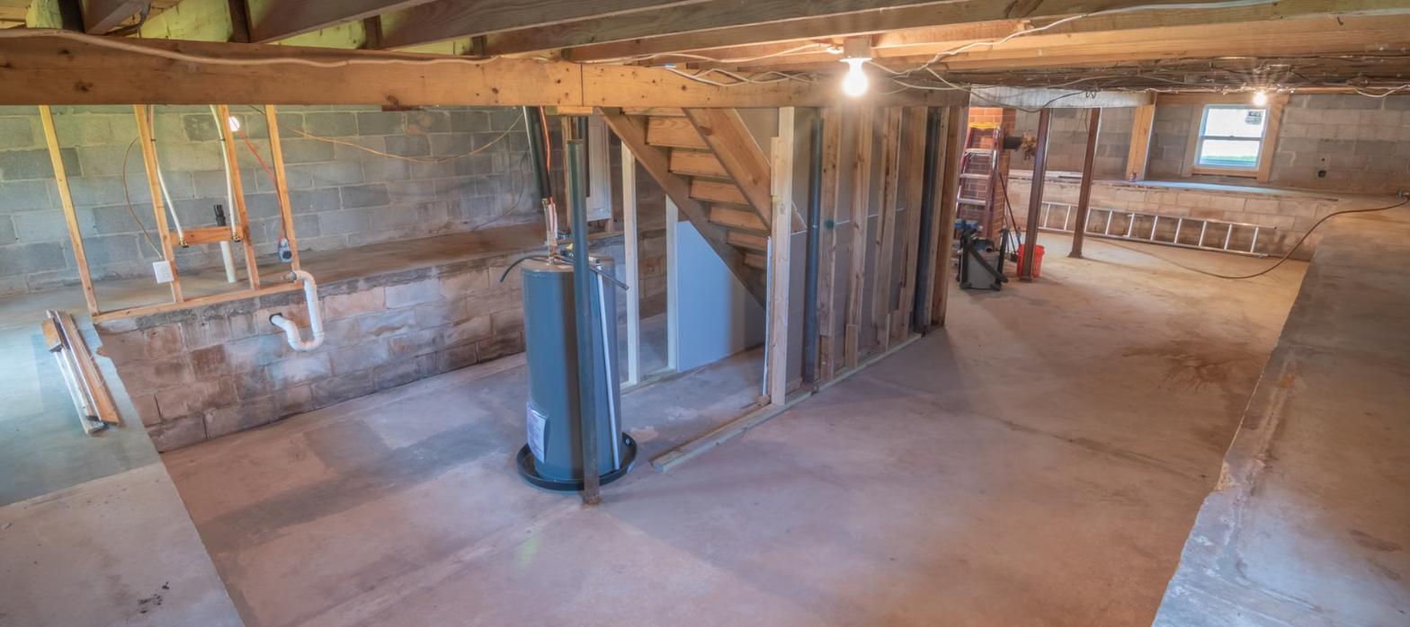 Tank water heater standing on the concrete floor of an unfinished basement with cinder block walls and open ceiling joists
