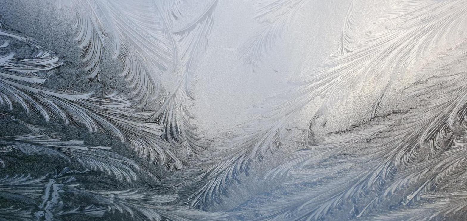 Feathery frost crystals spread across a window pane in soft gray and silver light