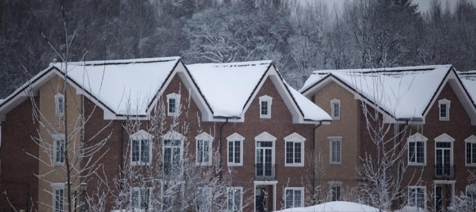 Row of brick houses with snow covered roofs and quiet dark windows, bare frosted trees in front and a snowy wooded hill behind